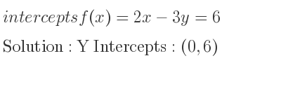 The intercepts of f(x)=2x-3y=6 is Y Intercepts: (0,6)
